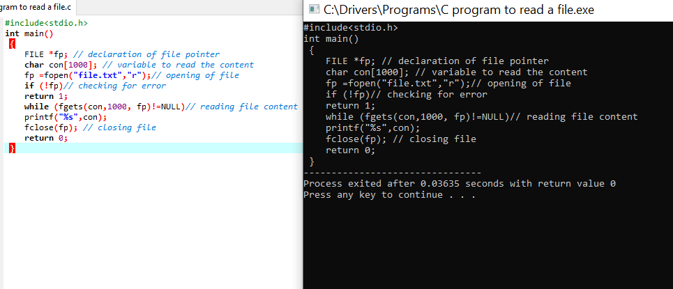 C program to read a file output